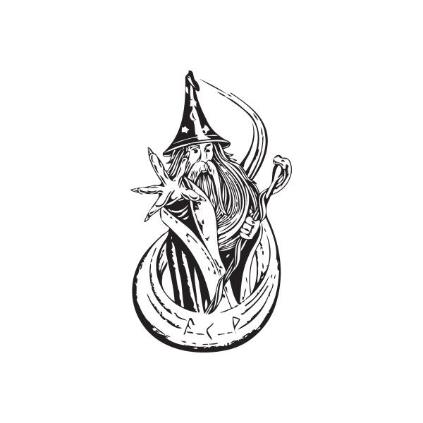 Wizard casting decal in black line art with hat, beard, and wand