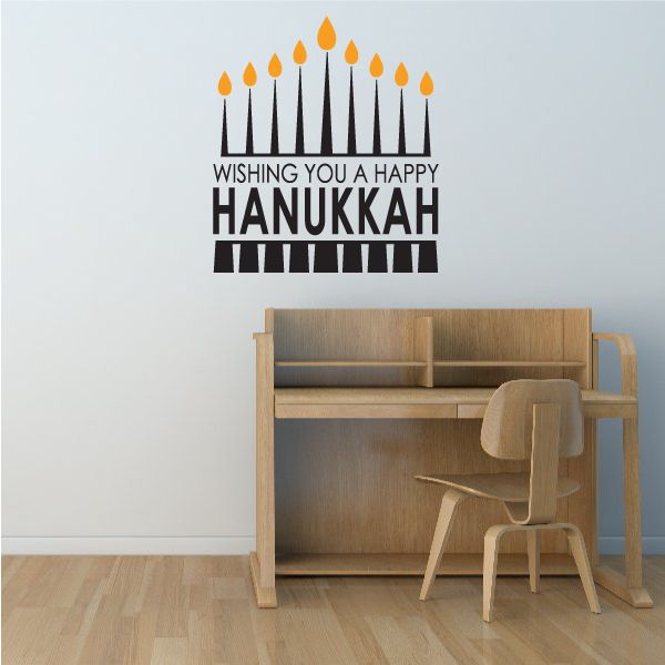 Hanukkah die-cut wall decal with candles, flames, and 'Wishing you a Happy Hanukkah' text