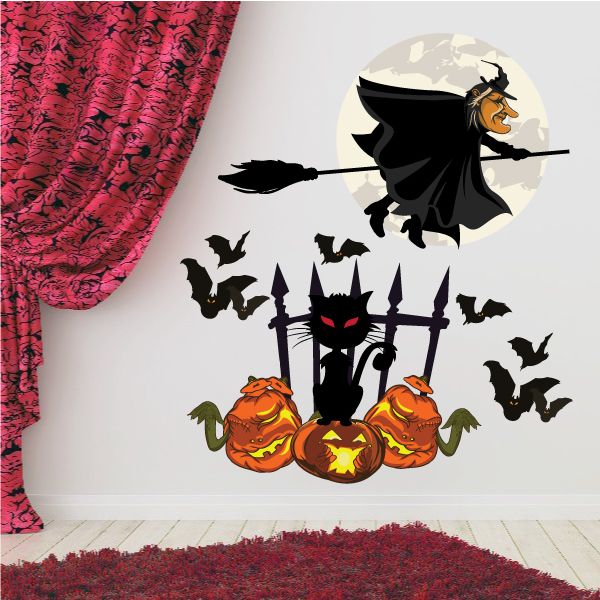 Image of Witch Flying over Cat and Pumpkins Young Witch with Bats Printed Die Cut Decal