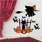 Halloween wall decal: black witch silhouette flying over orange pumpkins with bats
