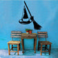 Witch hat and broomstick wall decal, black