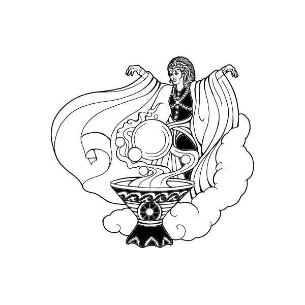 Witch with crystal balls decal, black-and-white line art with moon and clouds