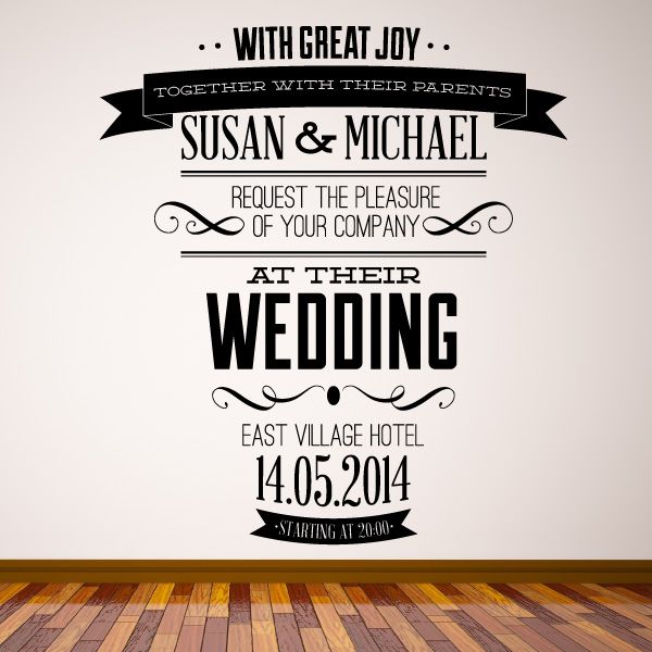 Custom wedding decal with "With Great Joy", "Susan & Michael", "Wedding" text
