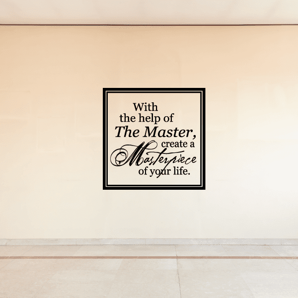 Square wall quote decal with ornate script text inside a black border frame