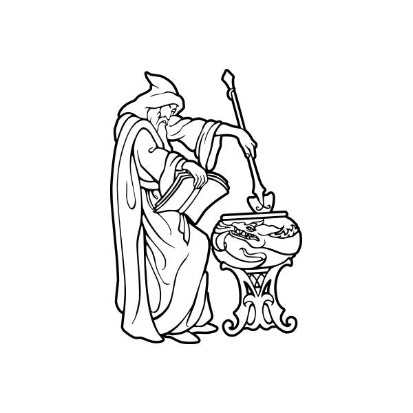 Wizard brewing potions decal with cauldron and potion wand, black line art