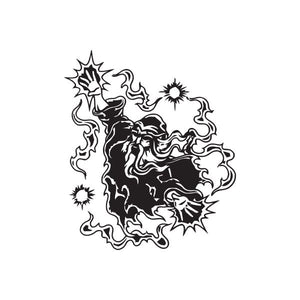 Wizard casting ancient magicks decal in bold black-and-white line art