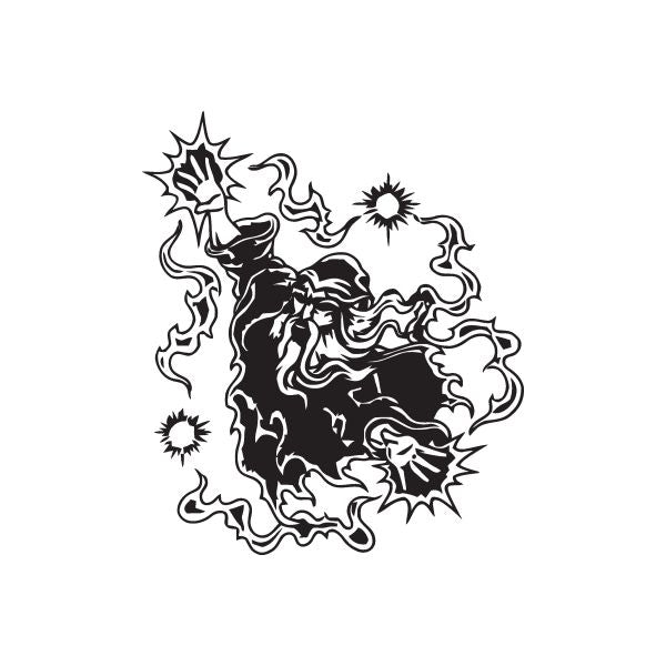 Wizard casting ancient magicks decal in bold black-and-white line art