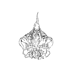 Wizard casting at crystal ball decal: line-art wizard with beard and crystal ball magic