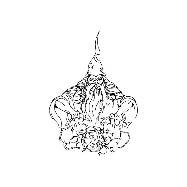 Wizard casting at crystal ball decal: line-art wizard with beard and crystal ball magic