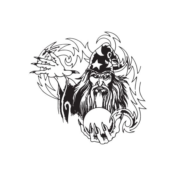Black and white wizard casting lightning wall decal with stylized wings