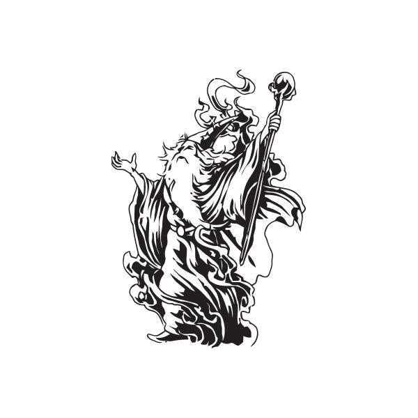 Wizard spell casting decal with black line-art wizard holding a staff