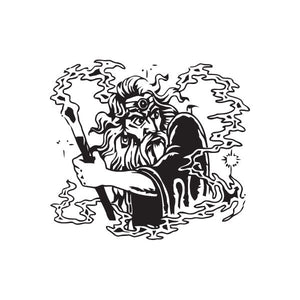 Protection spell decal with a hooded wizard holding a staff, black ink line art