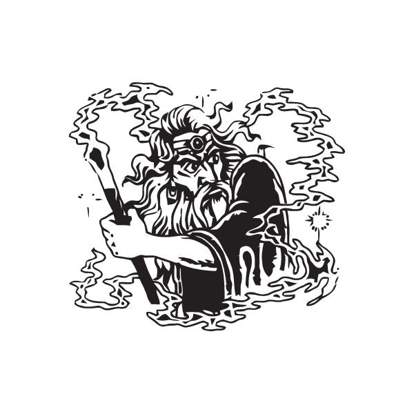 Protection spell decal with a hooded wizard holding a staff, black ink line art
