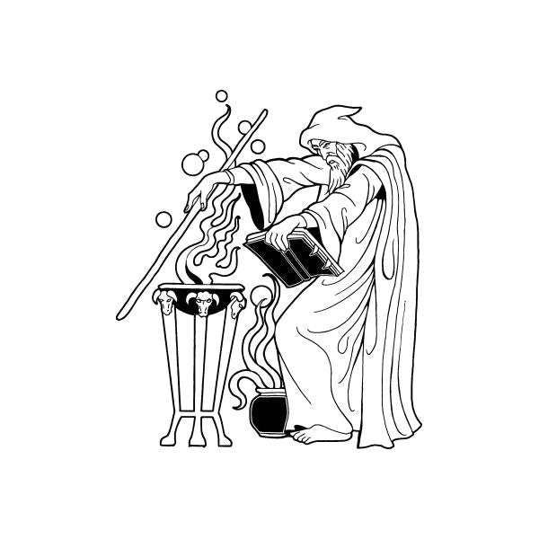 Wizard casting spells decal in black line art with cauldron and raised staff