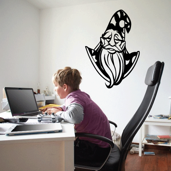 Wizard head decal with pointed hat and long beard, black line art