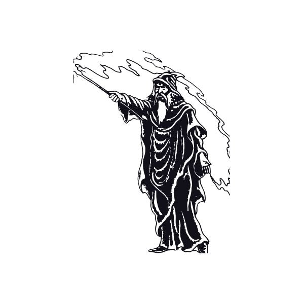 Wizard detection spell decal: robed wizard casting a spell with wand