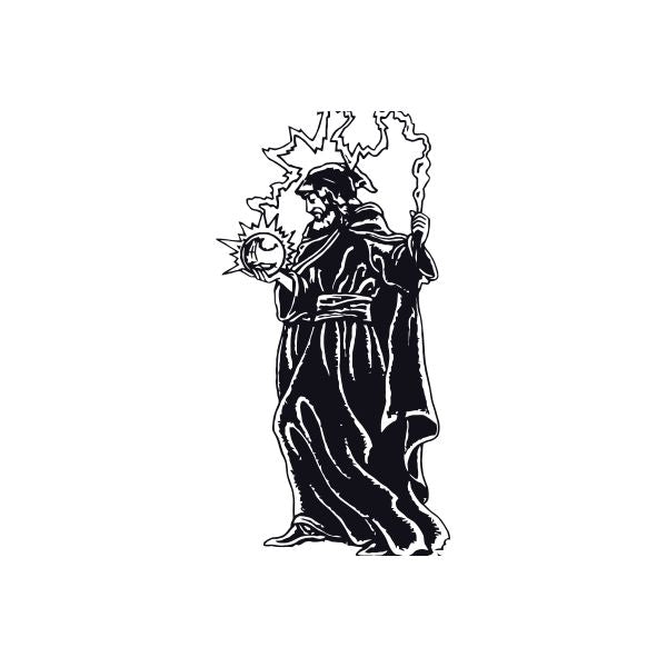 Wizard farsight spell decal: black wizard holding glowing orb