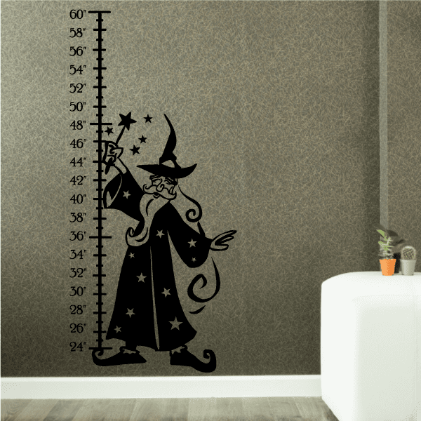 Wizard growth chart wall decal with ruler scale, hat-wearing wizard, stars and wand