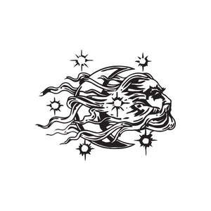 Wizard head and moon decal, black and white profile with star sparkles