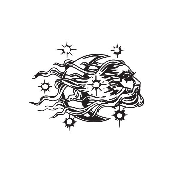 Wizard head and moon decal, black and white profile with star sparkles