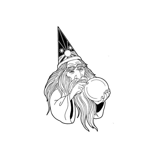 Wizard inspecting crystal ball decal, black line art of bearded wizard holding a globe