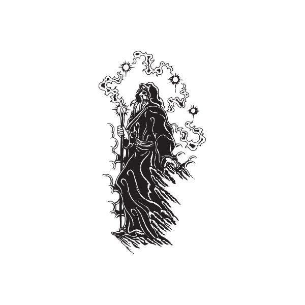 Black wizard portrait decal with flowing smoke and star bursts