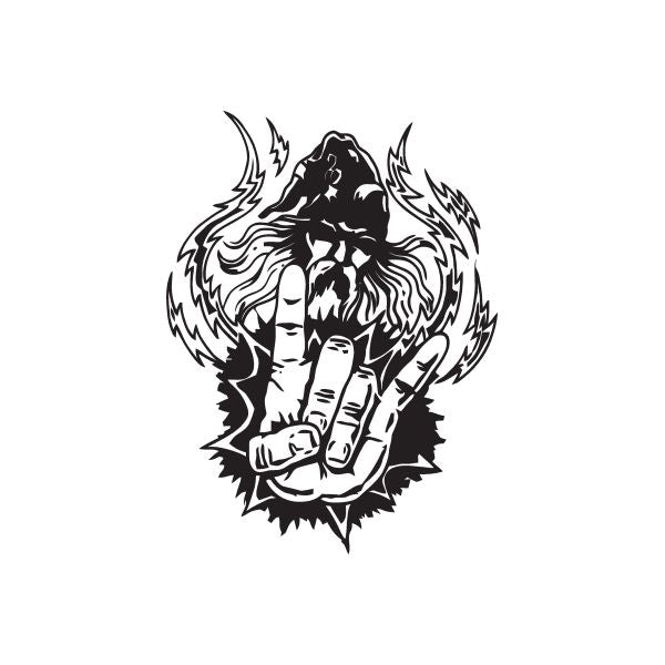 Rock wizard wall decal with black flame outline and raised hands