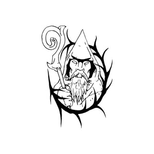Wizard of Thorns decal: black outline wizard with beard, hat, staff and swirl