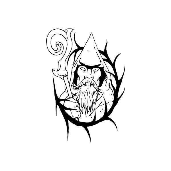 Wizard of Thorns decal: black outline wizard with beard, hat, staff and swirl