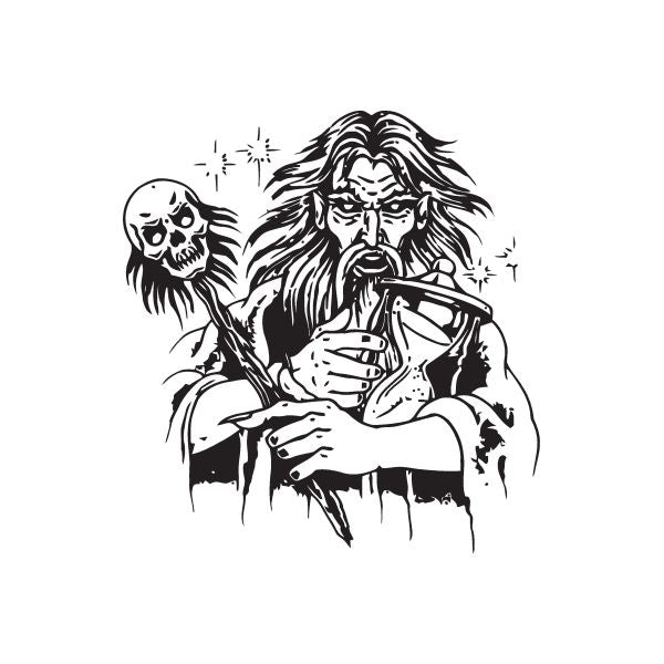 Wizard of Time decal: black-and-white wizard holding hourglass and skull