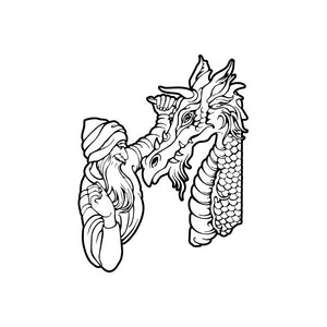 Dragon decal with wizard, black line-art outline
