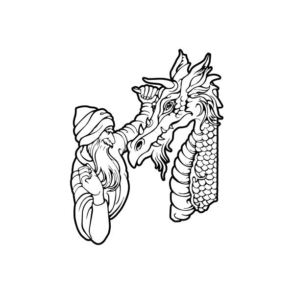 Dragon decal with wizard, black line-art outline