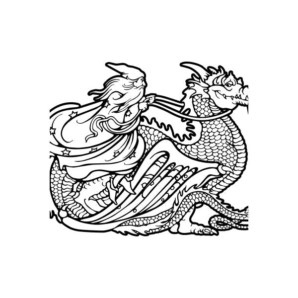 Wizard riding dragon decal, black line art illustration