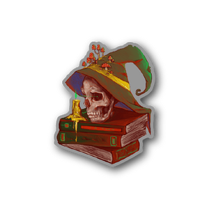 Wizard skull vinyl sticker with wizard hat and flaming candles on a book