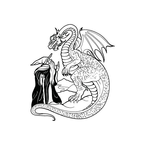 Wizard and dragon illustration decal, black and white line art