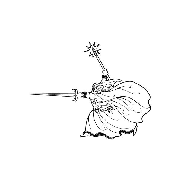 Wizard thrusting sword decal with cloak and star-tipped magic wand