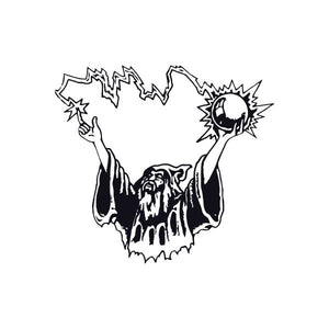 Wizard torso decal: black-and-white outline wizard with arms raised and crystal ball
