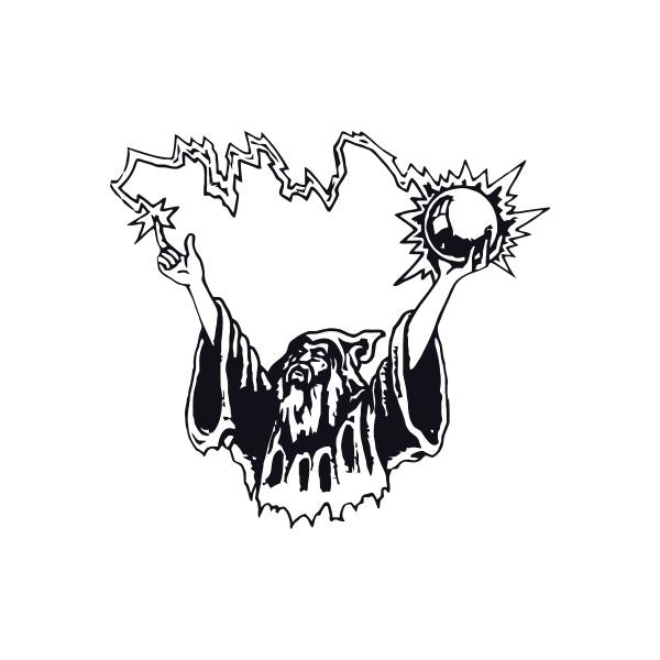 Wizard torso decal: black-and-white outline wizard with arms raised and crystal ball