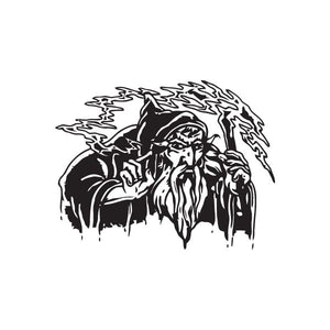 Wizard using Hiding Spell decal, black-and-white hooded wizard with swirling smoke