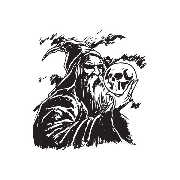 Wizard viewing skull ball decal, black-and-white hooded skull illustration