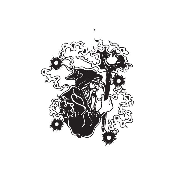 Wizard decal: black-and-white wizard silhouette with flame-like curls and small sunburst orbs