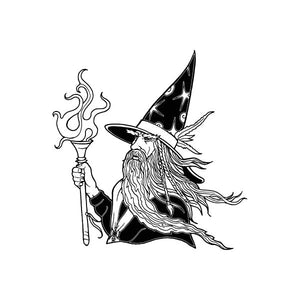 Wizard with fiery staff decal, black and white fantasy design with cloak and rune hat