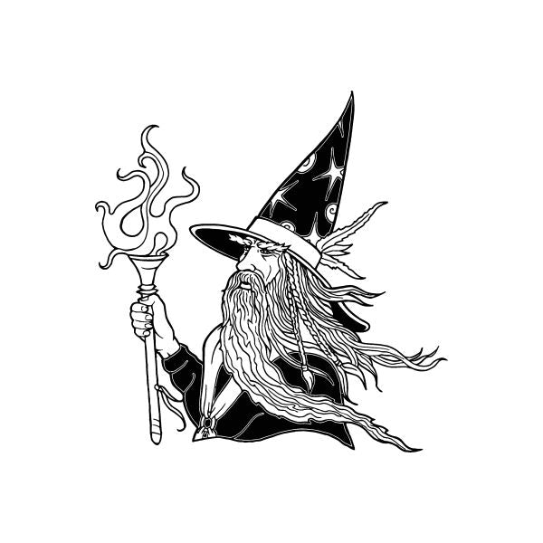 Wizard with fiery staff decal, black and white fantasy design with cloak and rune hat