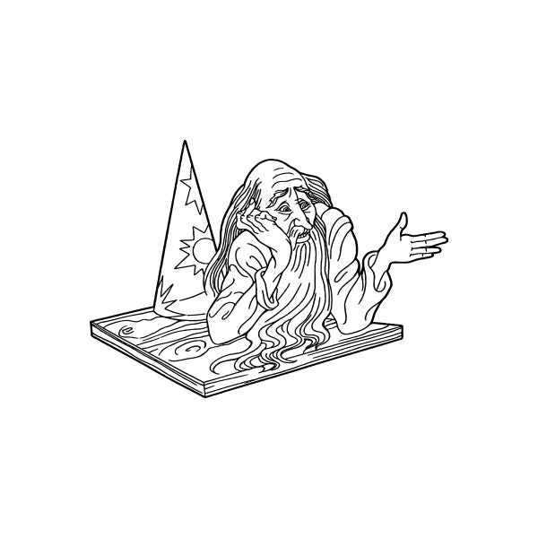 Wizard hat-off line art decal, seated on books with hand raised