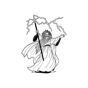 Wizard with lightning storm decal, black-and-white outline design