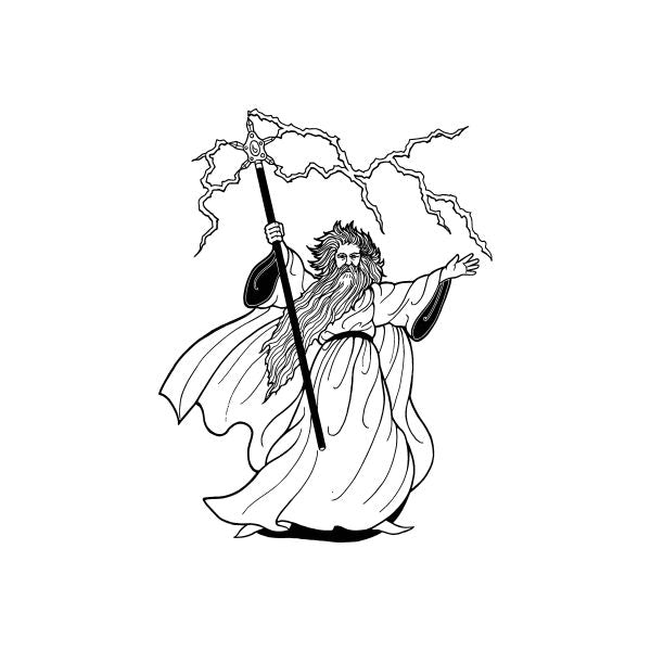 Wizard with lightning storm decal, black-and-white outline design