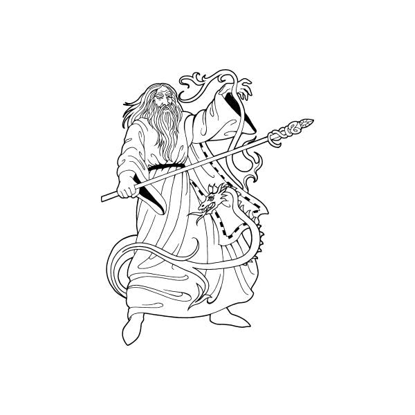 Wizard character long dragon decal with black line-art illustration detail