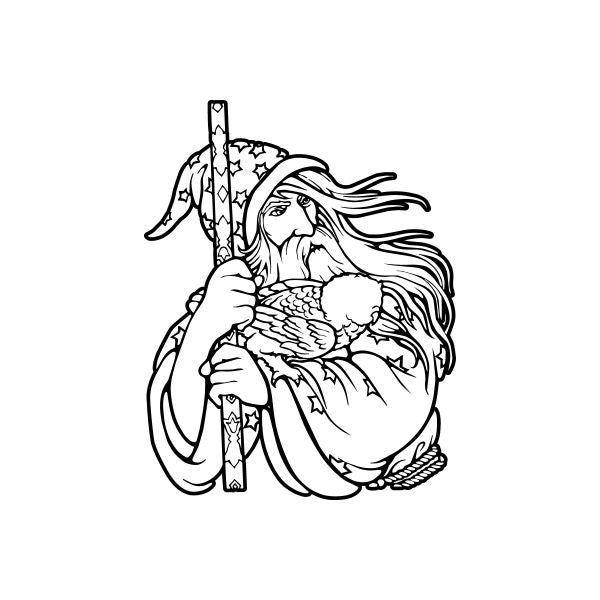 Wizard and owl decal, black outline design
