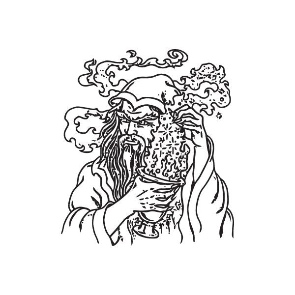 Wizard magic smoke potion decal, black line art wizard holding a potion