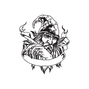 Wizard portrait ribbon decal, black and white line art